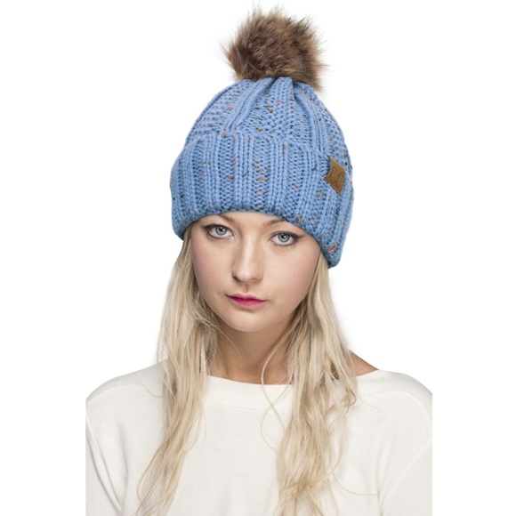 C.C Beanie - WOMEN'S FUZZY LINED POPCORN CONFETTI FUR POM BEANIE main image 1